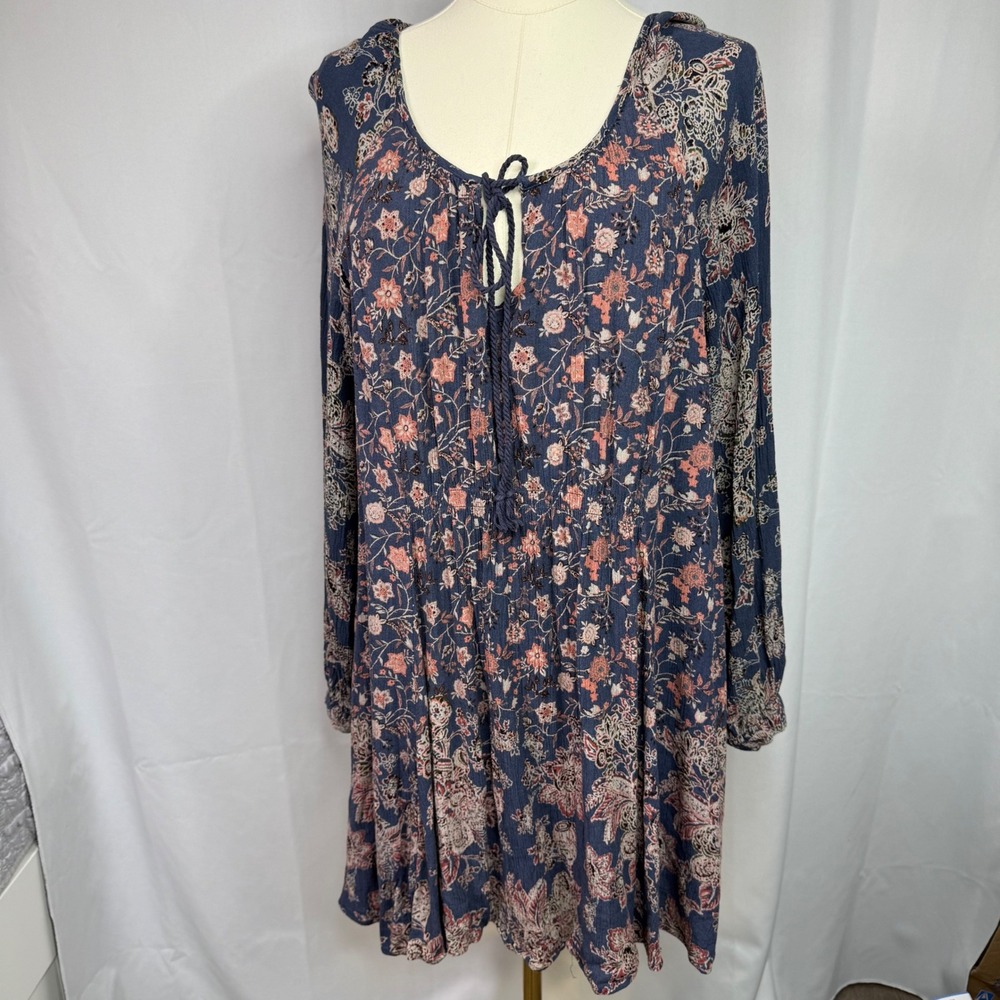 Free People Blue Pink Floral Smocked Waist Long Sleeve Mini Dress Boho Large